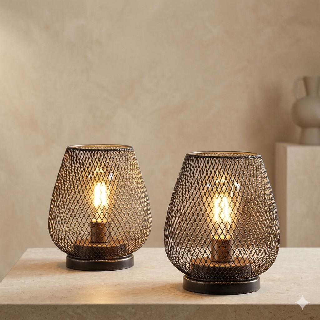 Aveloro Retiva kabellose Tischlampe mit Metallgitter, zwei Leuchten auf einer Konsole