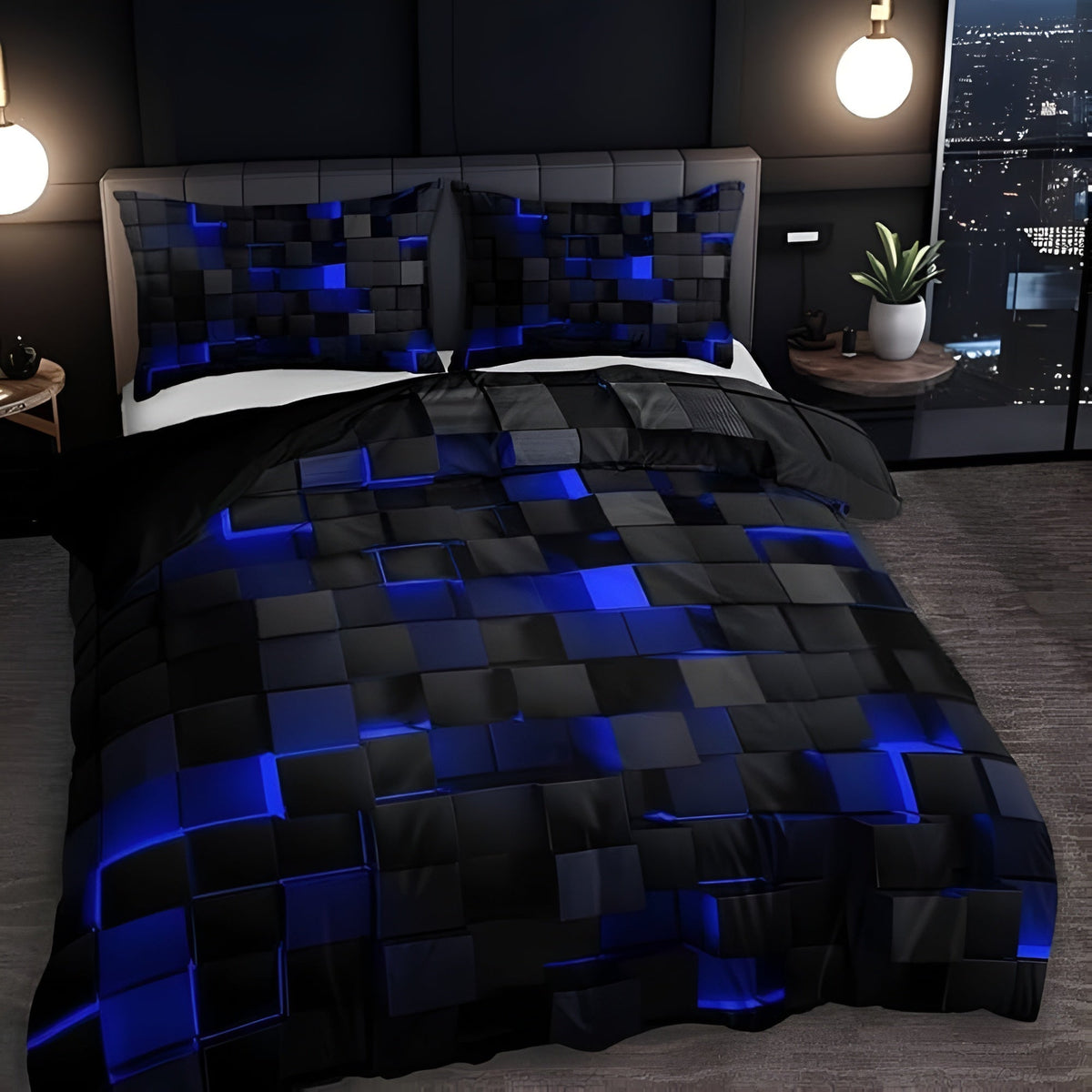 Aveloro Gridora Bettwäsche-Set Blau mit 3D-Grid-Muster