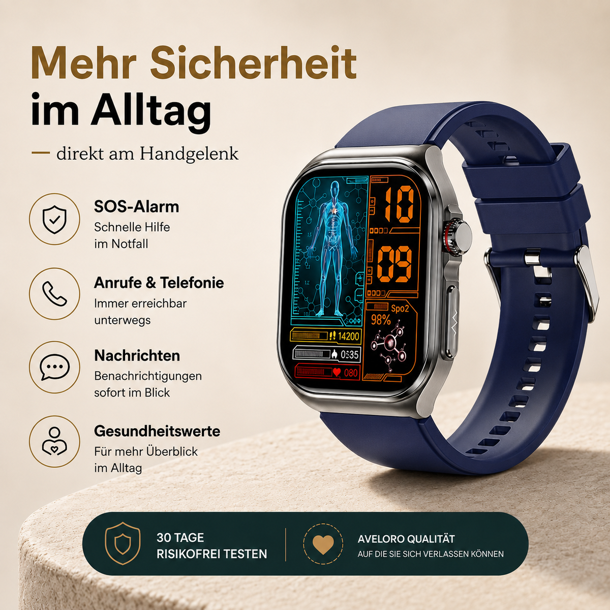 Aveloro Arvo Senioren Smartwatch mit SOS & Telefonfunktion