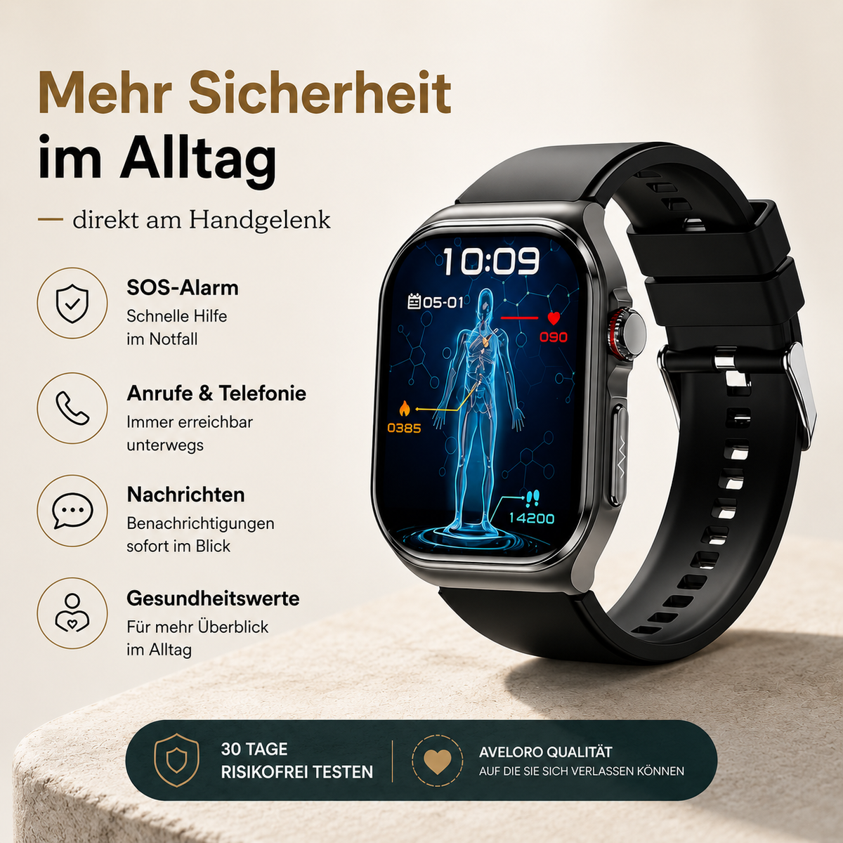 Aveloro Arvo Senioren Smartwatch mit SOS & Telefonfunktion