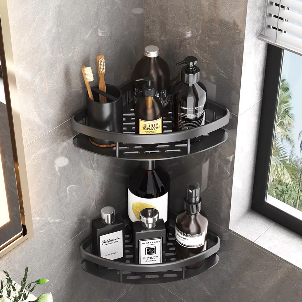 Aveloro Cornera Dusch-Eckregal in Schwarz im Badezimmer